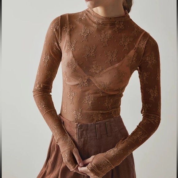Lace Long Sleeve Sheer Top Perfect for Layering Women's XXL in Brown - Picture 1 of 5